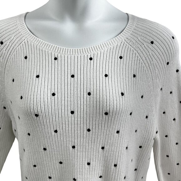 Talbots XL Womens 100% Pima Cotton White Black Polka Dot Ribbed PullOver Sweater - Picture 3 of 15